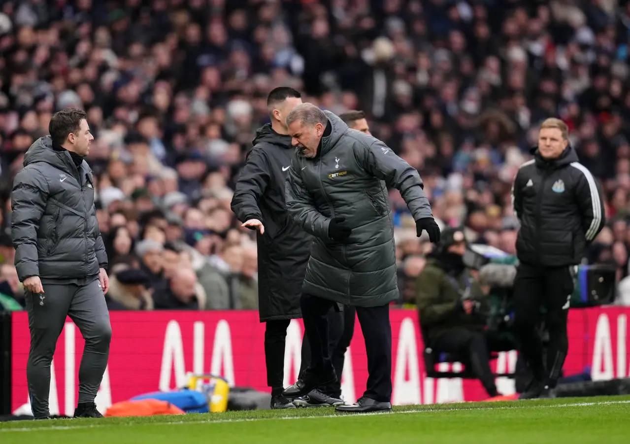 Tottenham manager Ange Postecoglou (centre) during the Premier League defeat by Newcastle