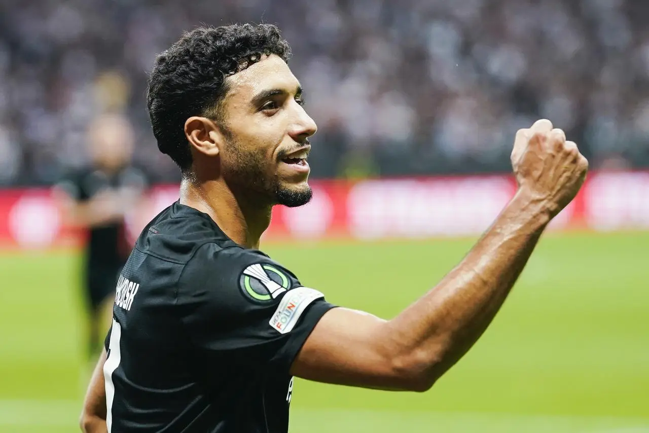 Eintracht Frankfurt’s Omar Marmoush celebrates against Aberdeen