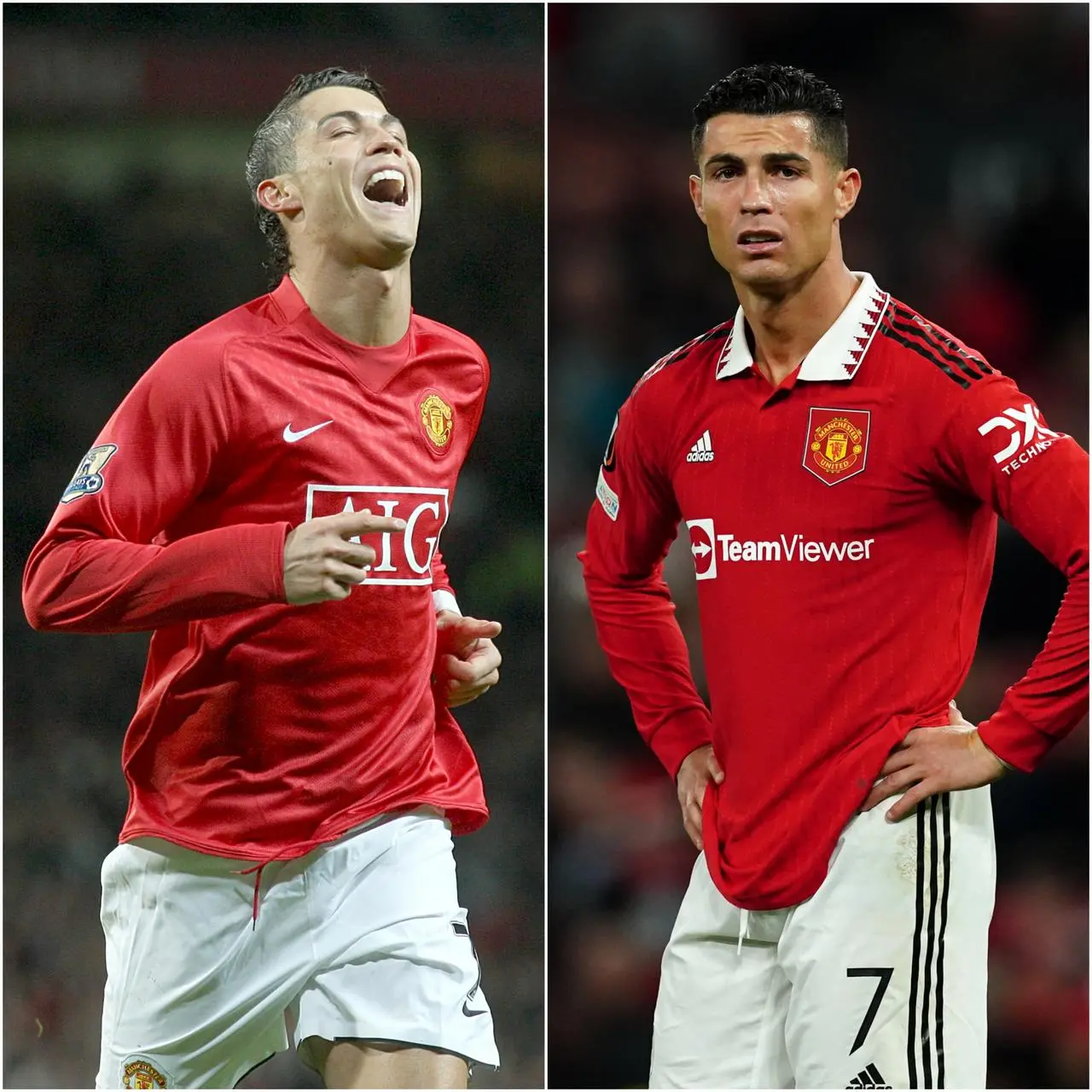 Composite image: Cristiano Ronaldo celebrates a goal for Manchester United in 2008, left, and stands with hands on hips in his second spell at the club 