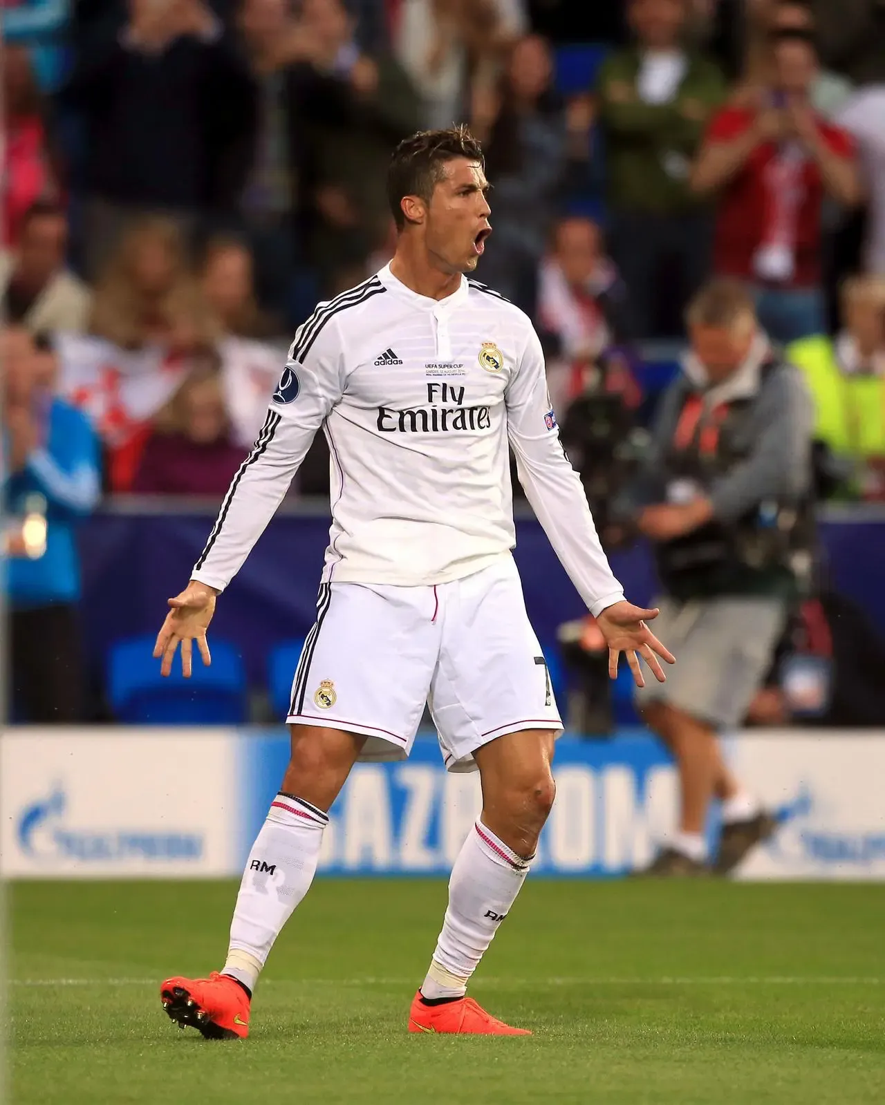 Cristiano Ronaldo celebrates scoring for Real Madrid in the 2014 UEFA Super Cup