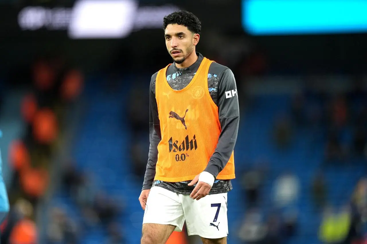 Manchester City’s Omar Marmoush warming up before a Premier League match at the Etihad Stadium