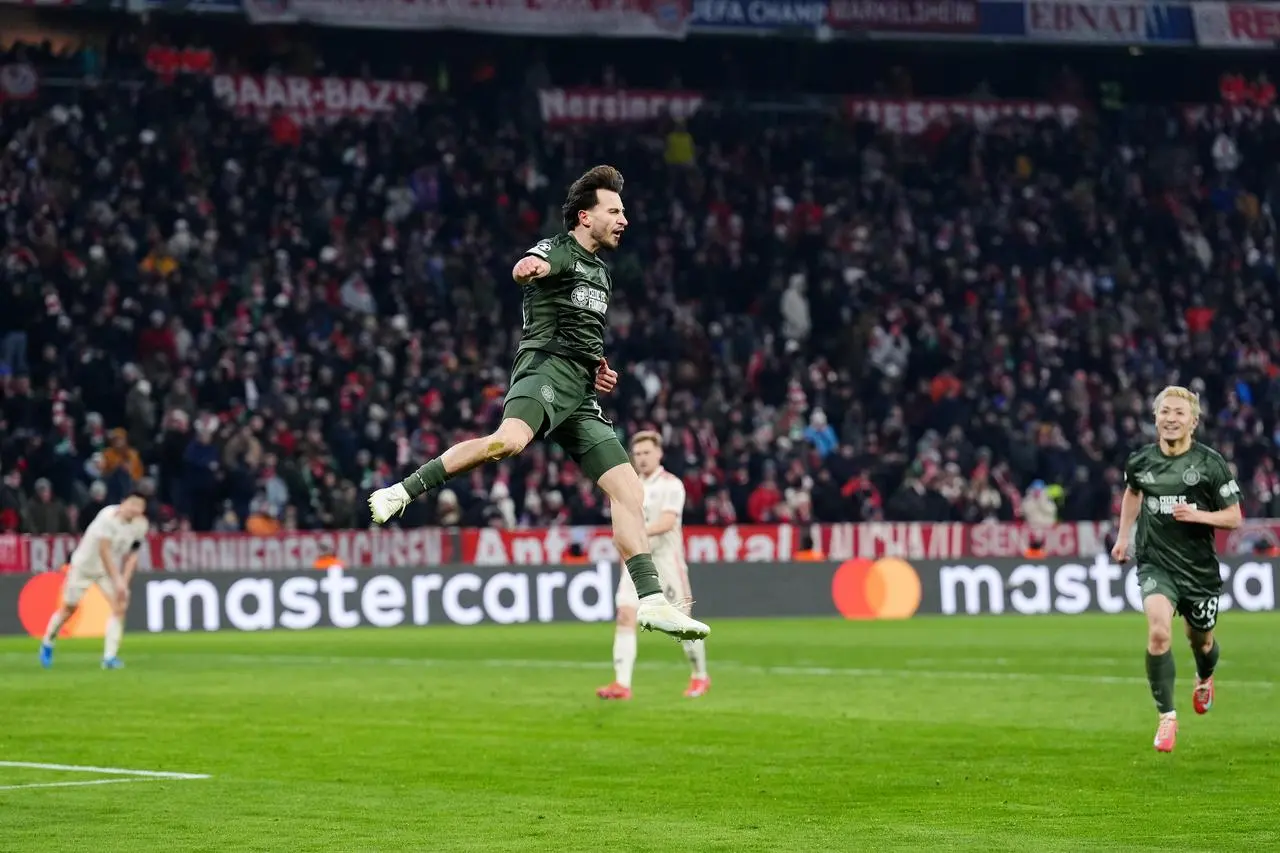 Celtic’s Nicolas Kuhn jumps for joy after scoring against Bayern