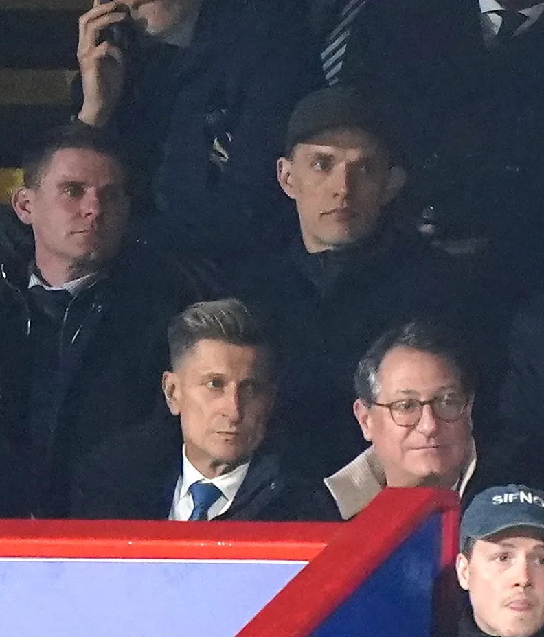 England manager Thomas Tuchel, right, and Crystal Palace owner Steve Parish, front left, at Selhurst Park