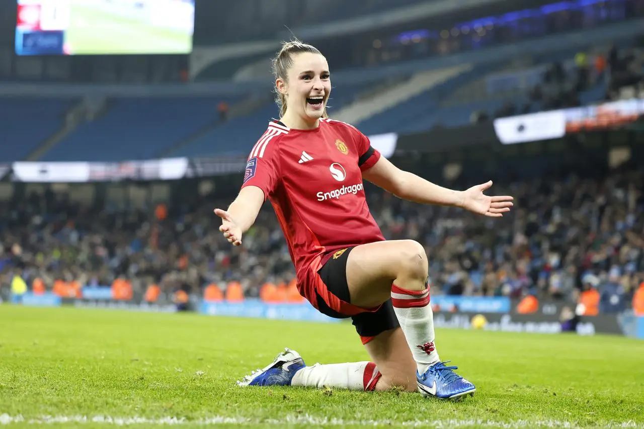 Ella Toone takes a knee to celebrate scoring against Manchester City 