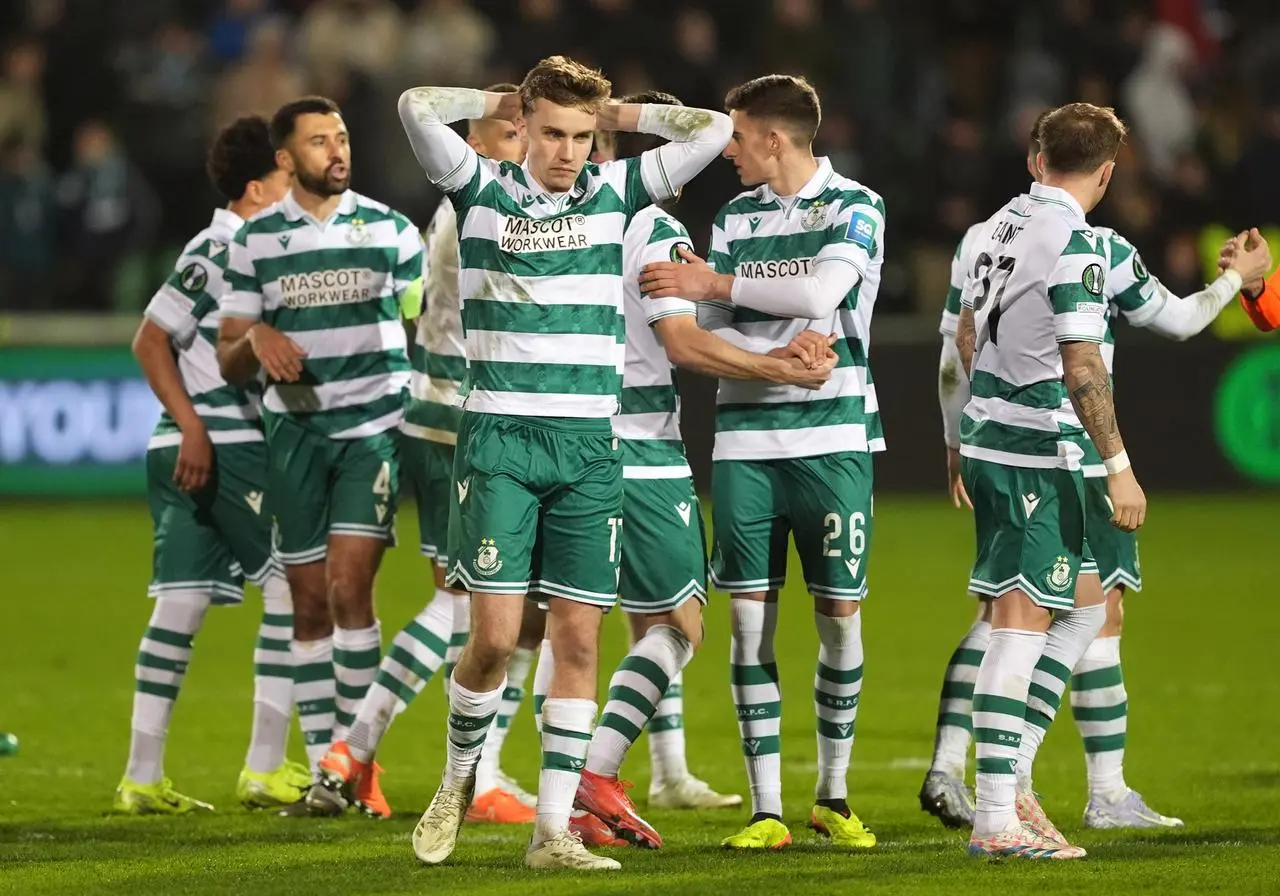 Shamrock Rovers’ Matt Healy appears dejected after losing a penalty shoot-out in the Conference League against Molde