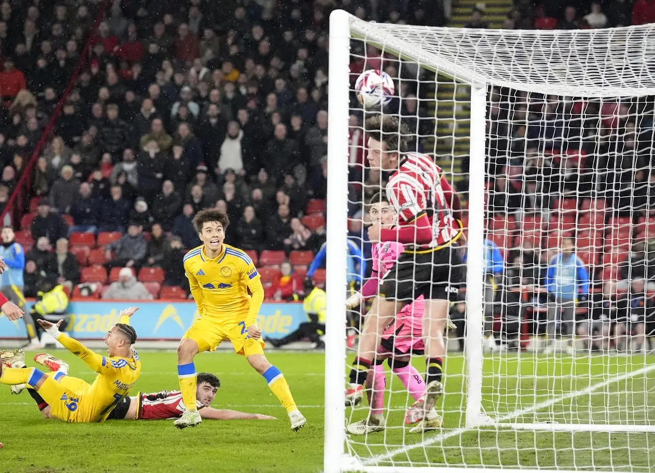 Ao Tanaka scores Leeds' second goal against Sheffield United