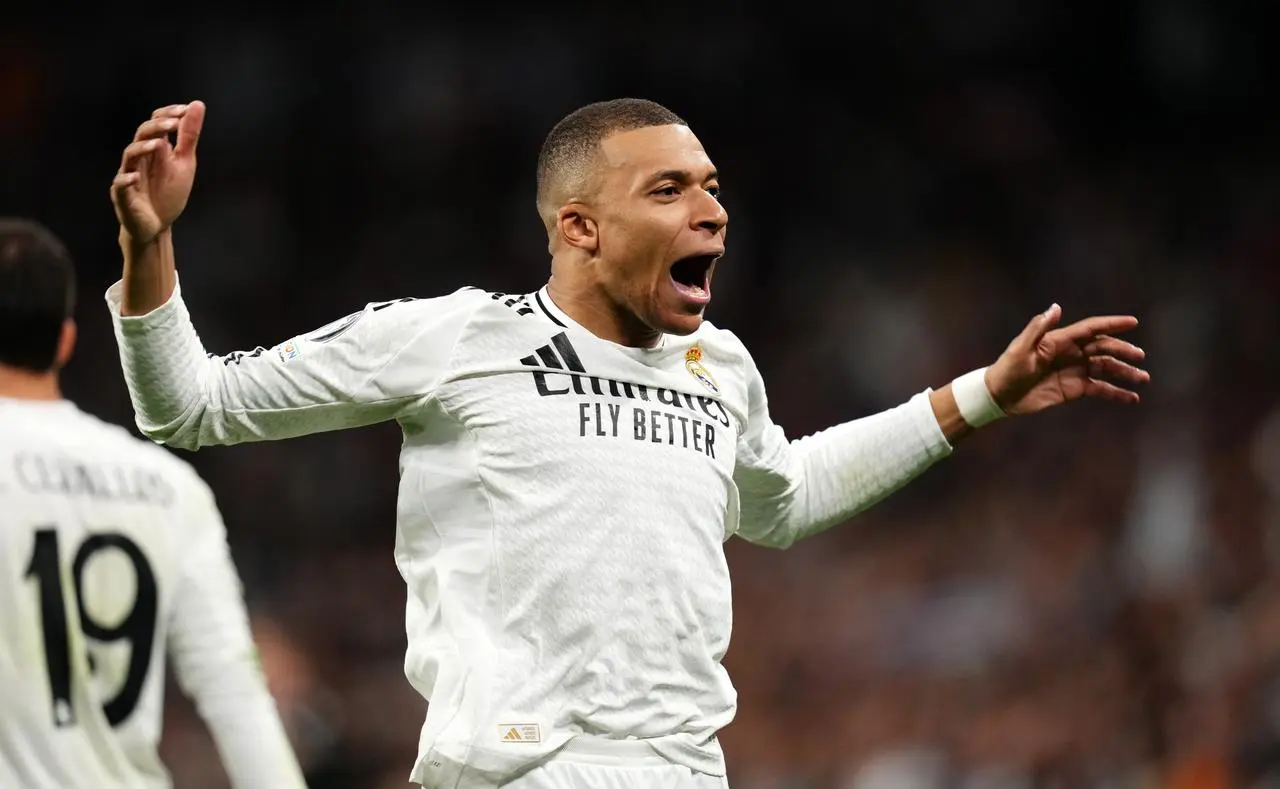 Real Madrid’s Kylian Mbappe celebrates after scoring against Manchester City