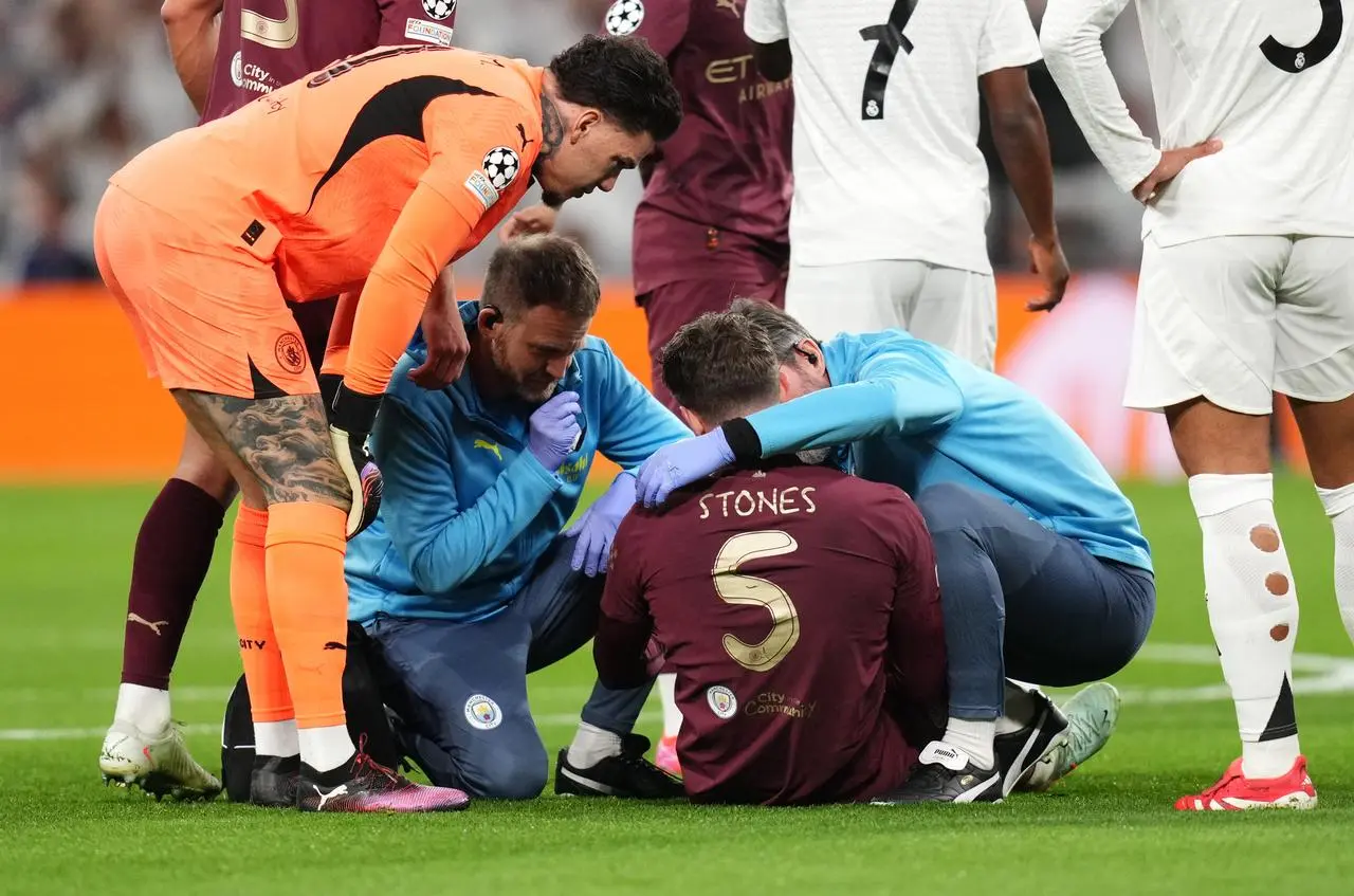 Manchester City’s John Stones receives treatment before leaving the game with an injury during the UEFA Champions League game at Real Madrid last week