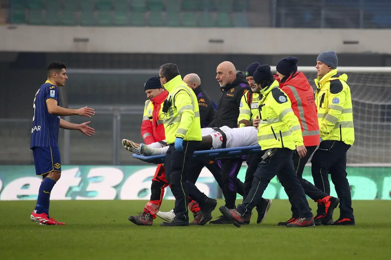 Fiorentina’s Moise Kean is taken off on a stretcher during the Serie A match at Hellas Verona