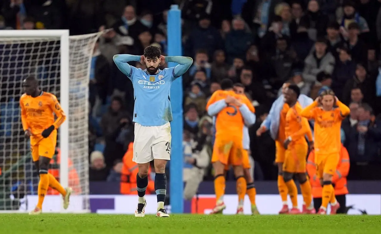 Manchester City’s Josko Gvardiol puts his hands on his head after Real Madrid score a late winner