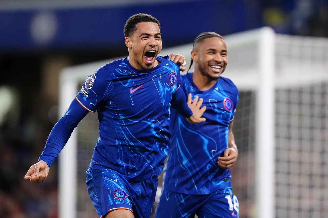 Chelsea’s Levi Colwill, left, celebrates after scoring his side’s third goal against Southampton at Stamford Bridge 