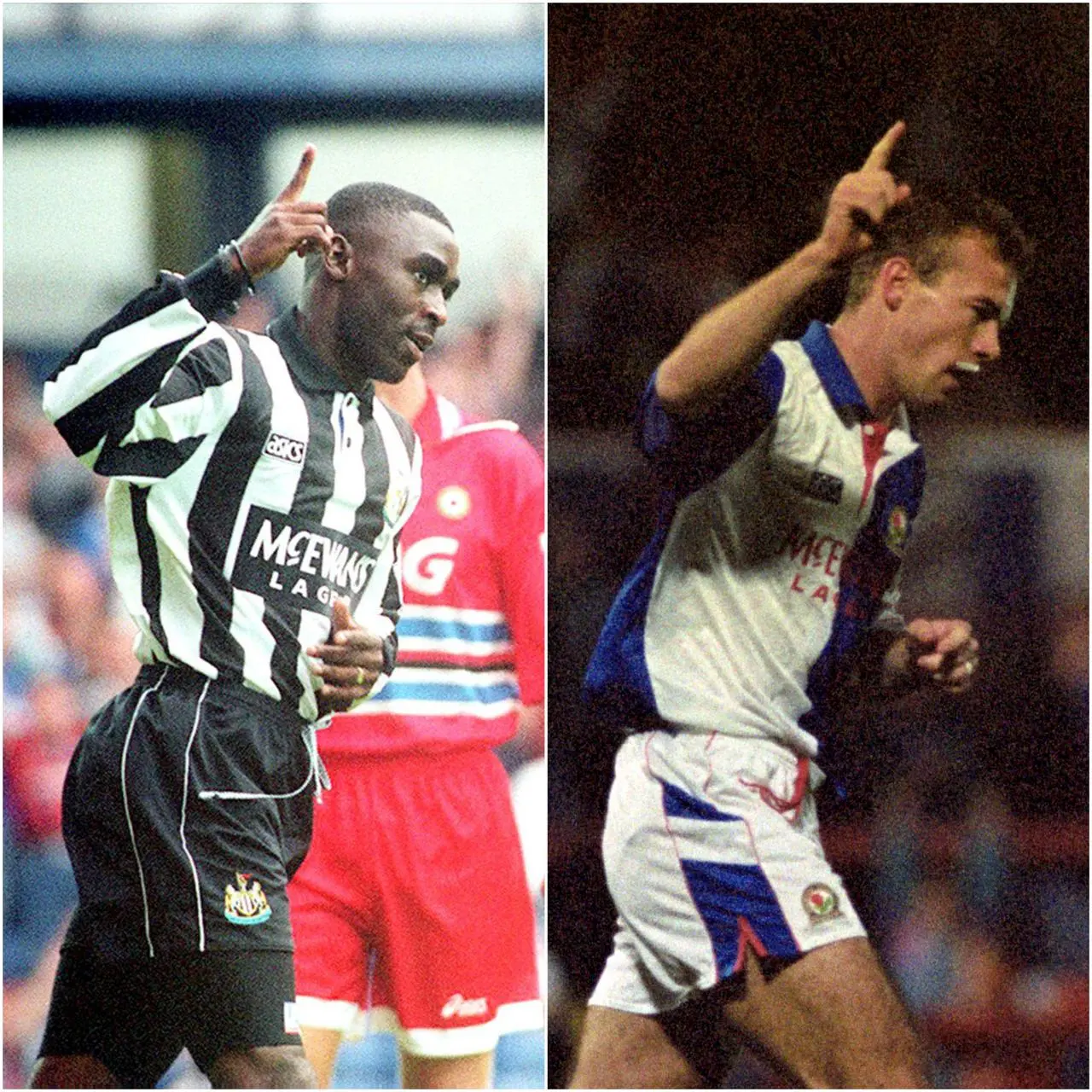 Composite image of Newcastle's Andy Cole, left, and Blackburn's Alan Shearer each celebrating a goal with the index finger of their right hand raised