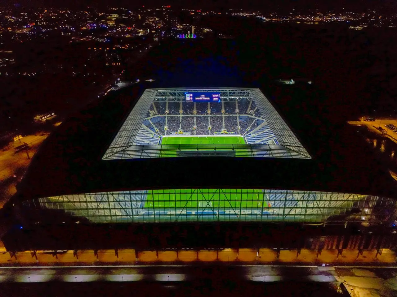 A drone view of Everton’s new stadium at Bramley-Moore Dock during an Everton under-18 friendly match test event.