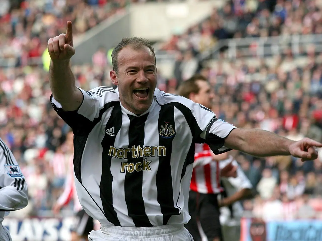 Newcastle’s Alan Shearer celebrates after scoring from the penalty spot at Sunderland