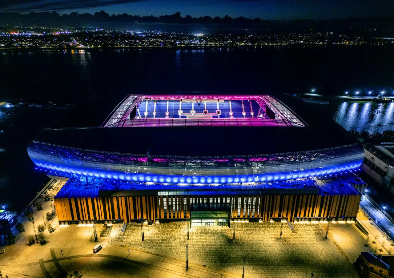 An aerial shot of Everton's new Bramley-Moore Dock stadium