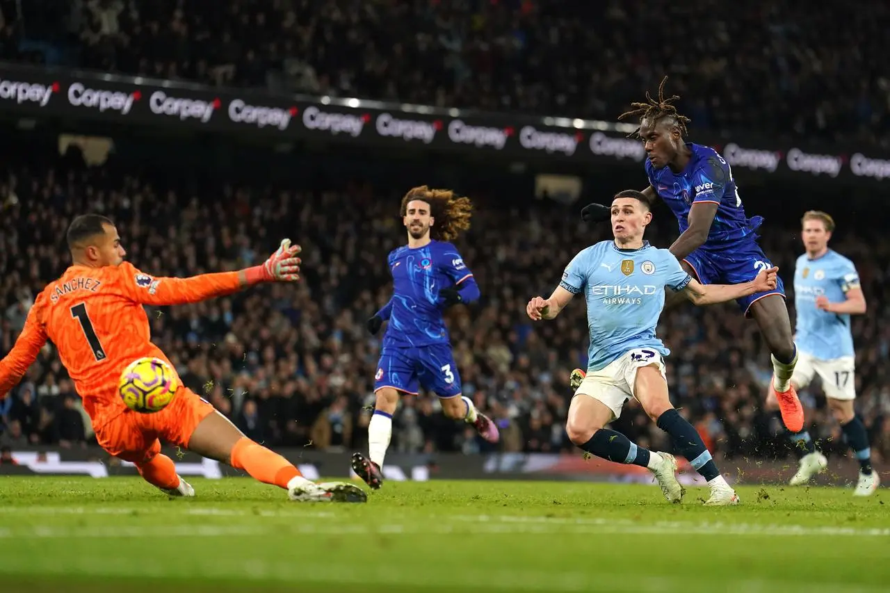 Manchester City’s Phil Foden scores against Chelsea at the Etihad Stadium