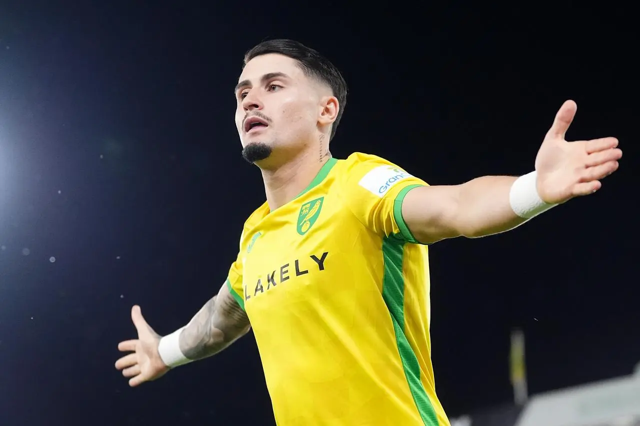 Norwich’s Borja Sainz celebrates scoring (Zac Goodwin/PA)