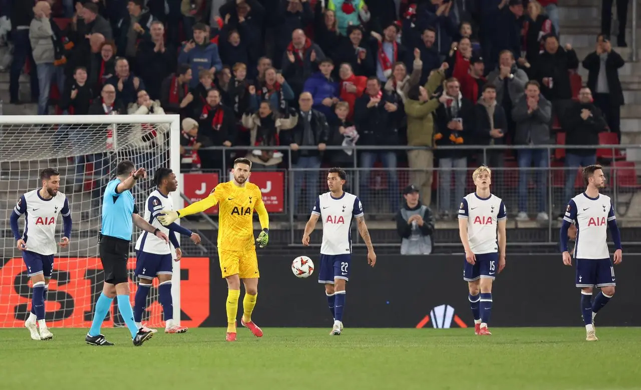 Tottenham players react after Lucas Bergvall scores an own goal (Peter Lous/PA)