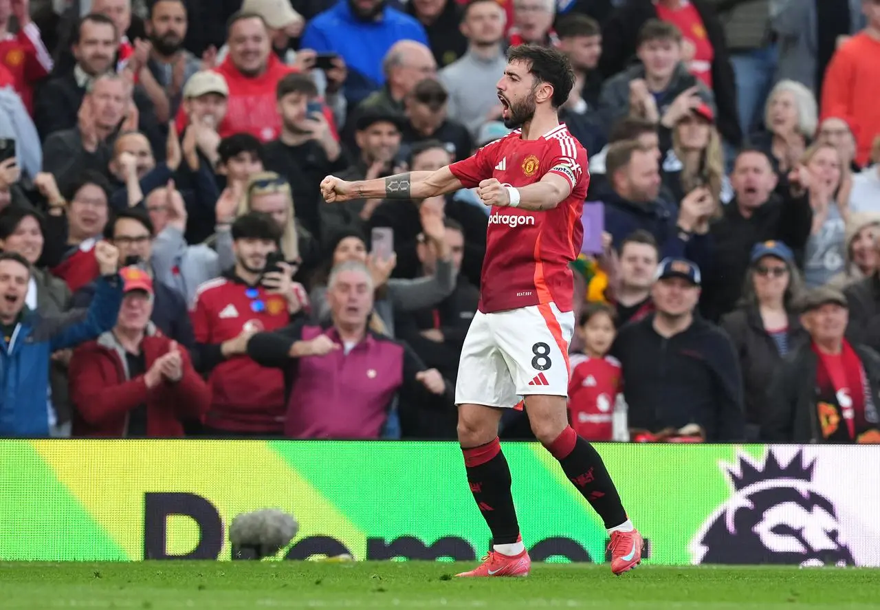 Bruno Fernandes celebrates after scoring the opener for Manchester United 