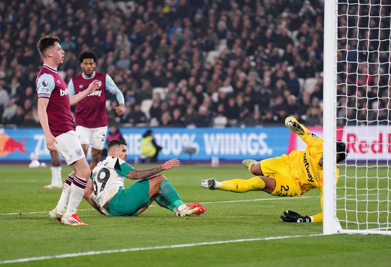 Newcastle’s Bruno Guimaraes scores against West Ham (Zac Goodwin/PA)