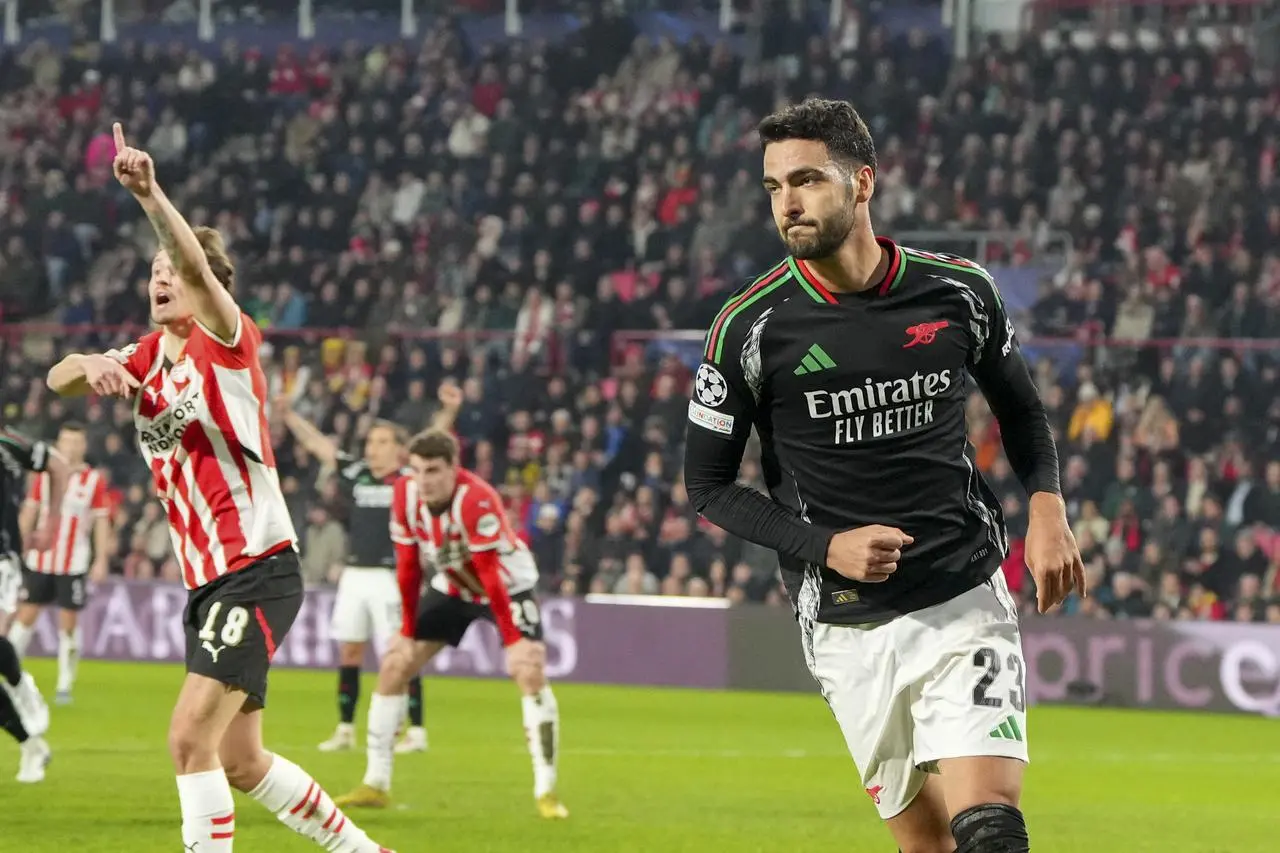 Arsenal’s Mikel Merino celebrates after scoring