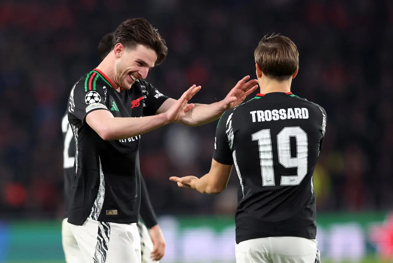 Arsenal’s Leandro Trossard celebrates scoring their side’s fifth goal against PSV Eindhoven