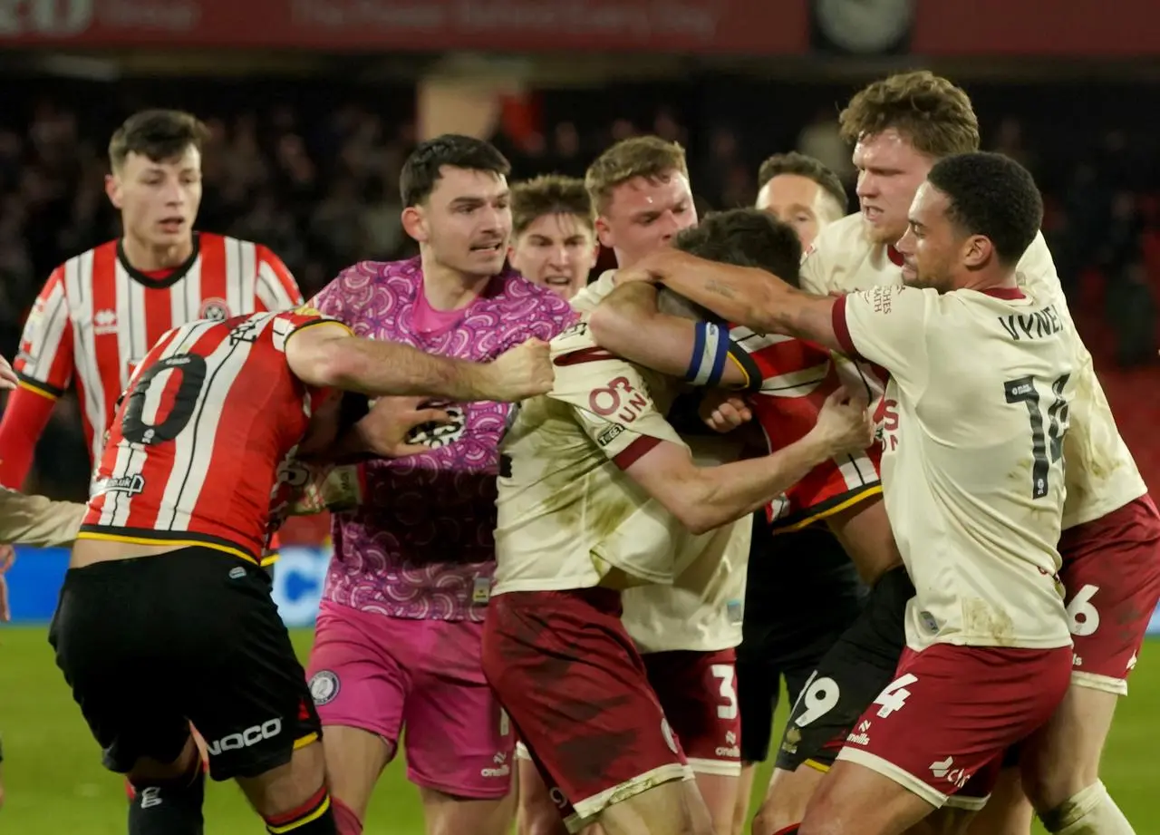 Sheffield United and Bristol City players clash as tempers flare in their match at Bramall Lane