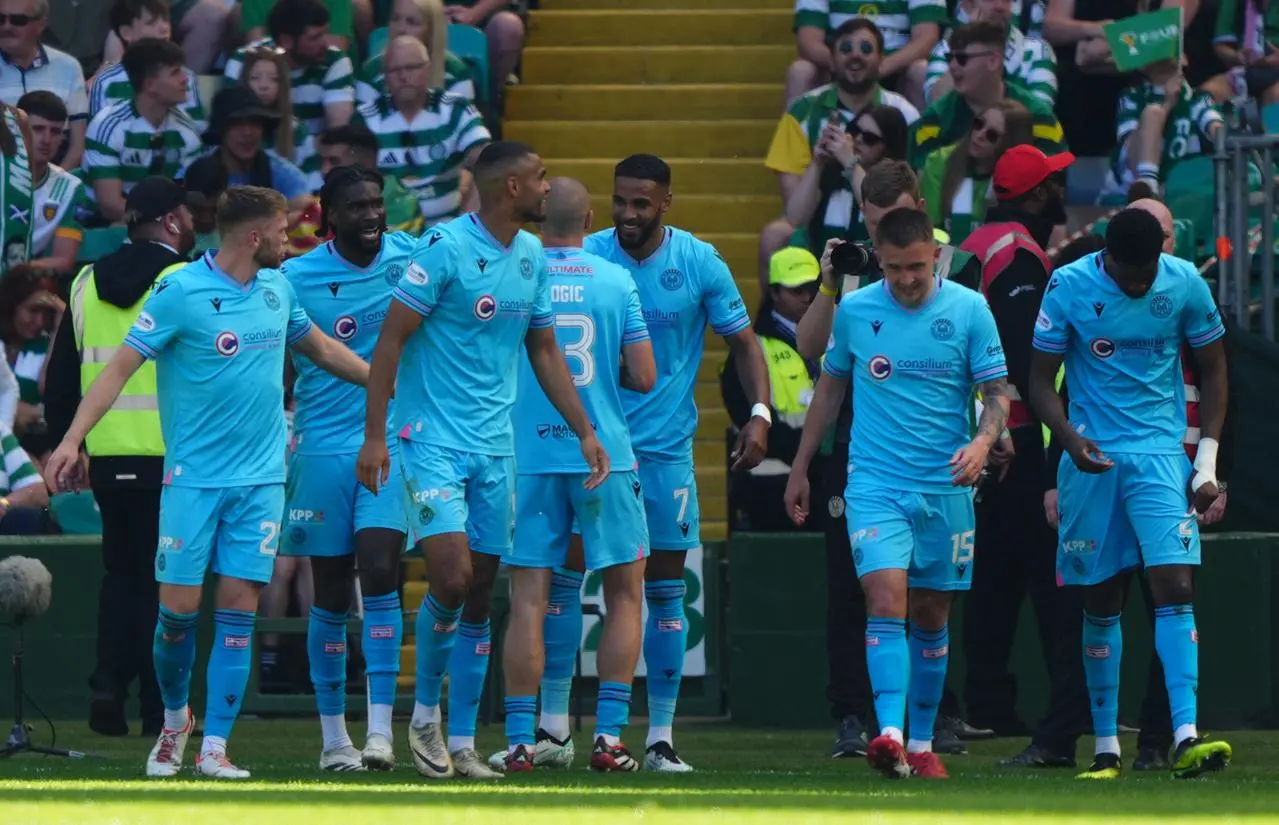 St Mirren’s Jonah Ayunga (centre) celebrates scoring with his team-mates