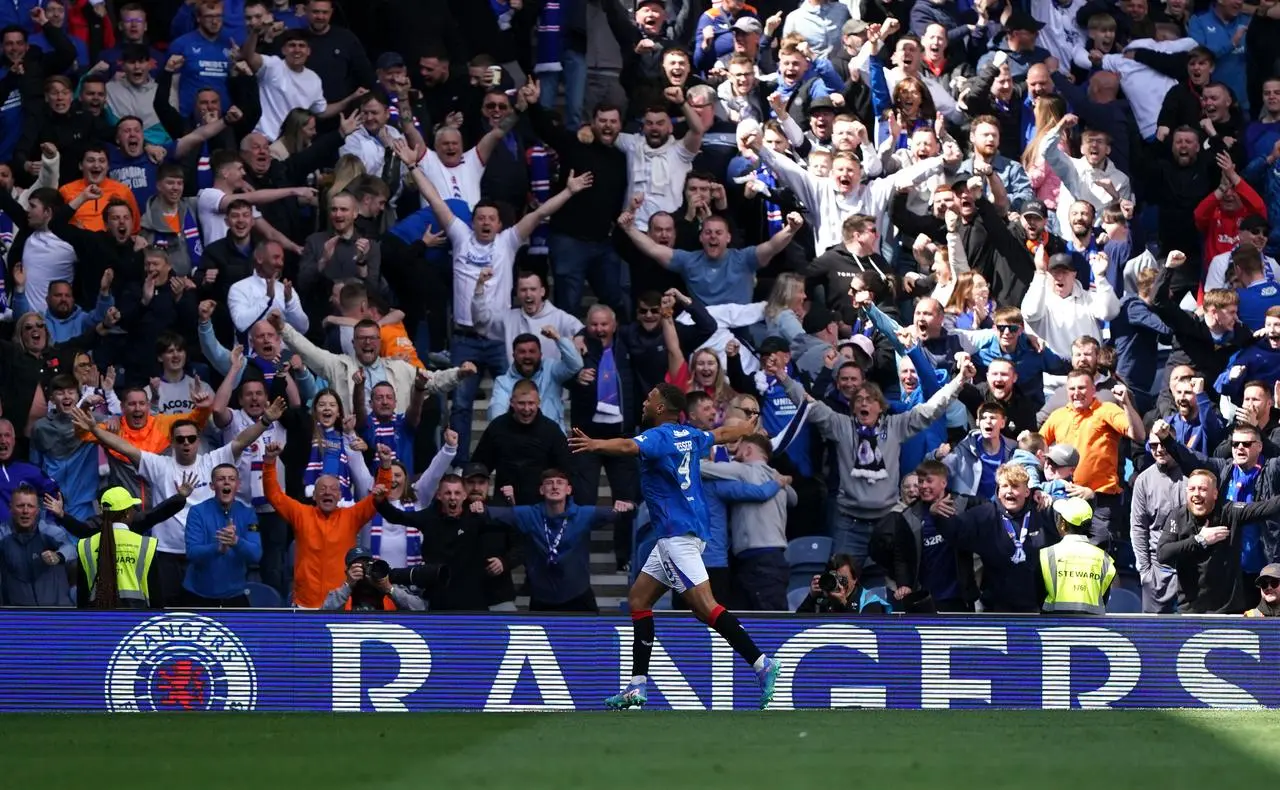 Cyriel Dessers celebrates against Celtic