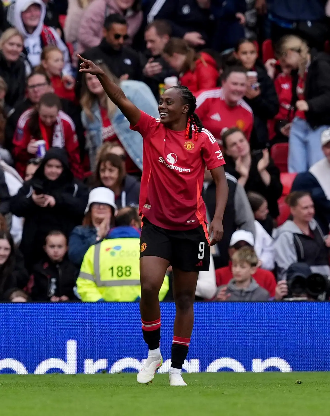 Manchester United’s Melvine Malard celebrates after scoring her sides second goal during the Barclays Women’s Super League match at Old Trafford.