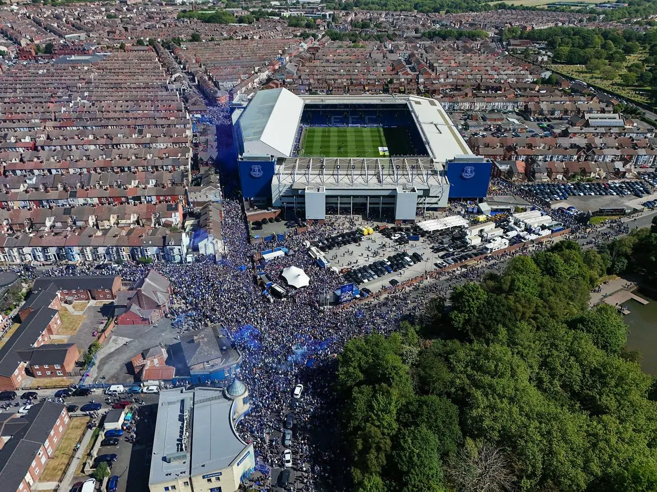 Fans gather outside Goodison Park for the final men's game at the stadium