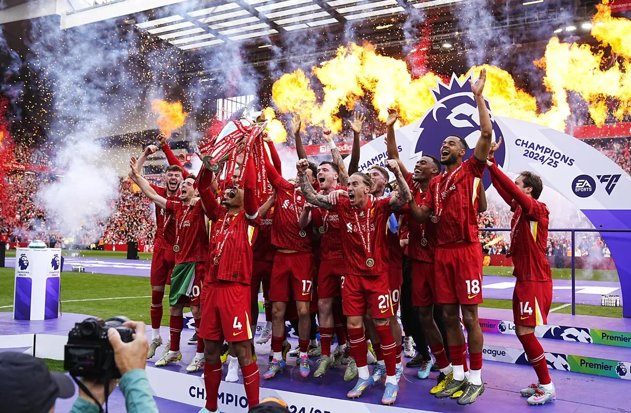 Liverpool’s Virgil van Dijk lifts the Premier League trophy with his team-mates