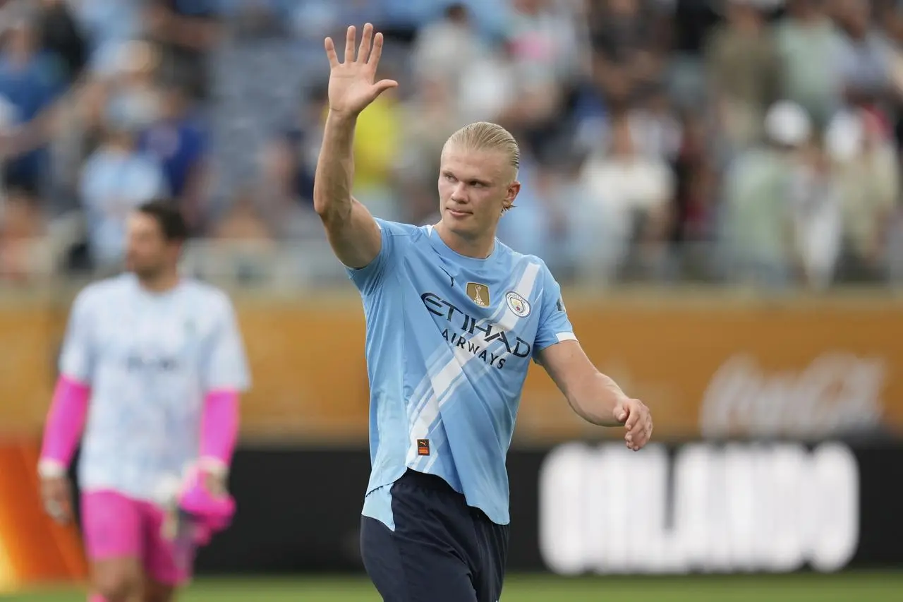 Manchester City’s Erling Haaland raises his arm as he walks off the pitch after the Club World Cup against Juventus