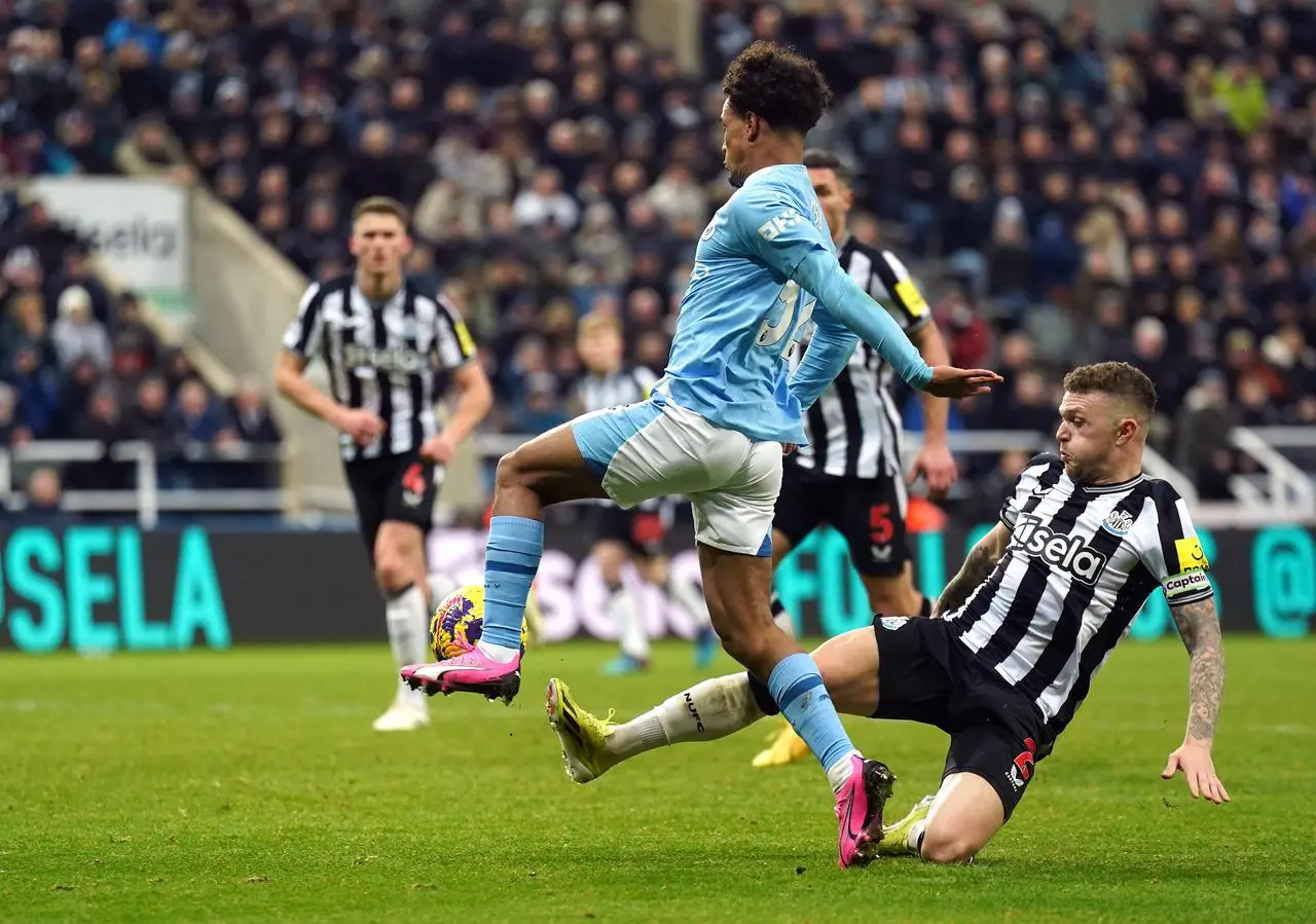 Manchester City’s Oscar Bobb scores against Newcastle in January 2024