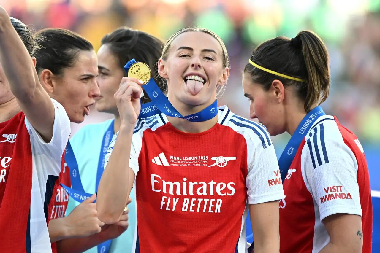 Arsenal’s Chloe Kelly celebrates with their winners medal following victory in the UEFA Women’s Champions League final 