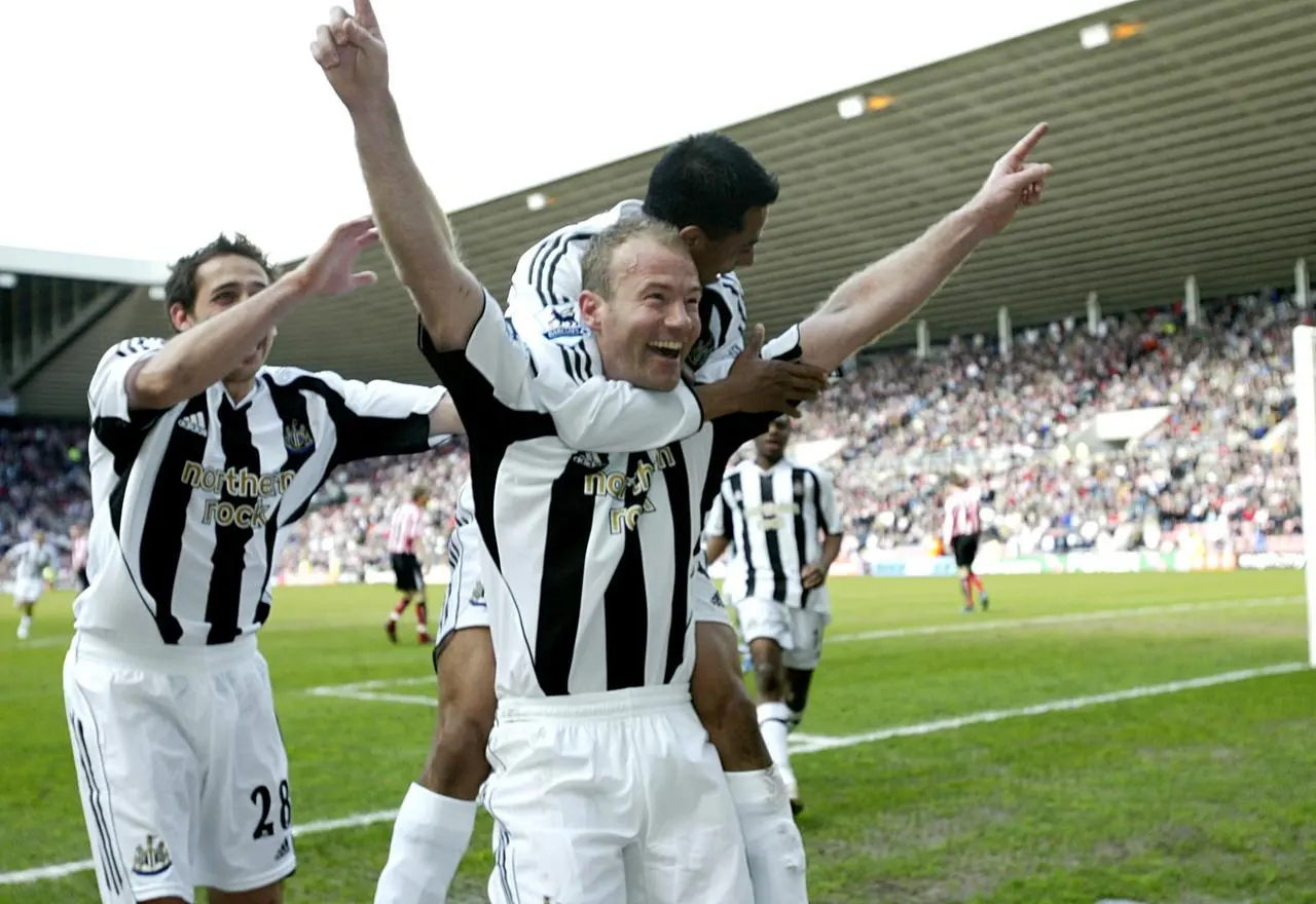 Newcastle’s Alan Shearer celebrates after scoring at Sunderland
