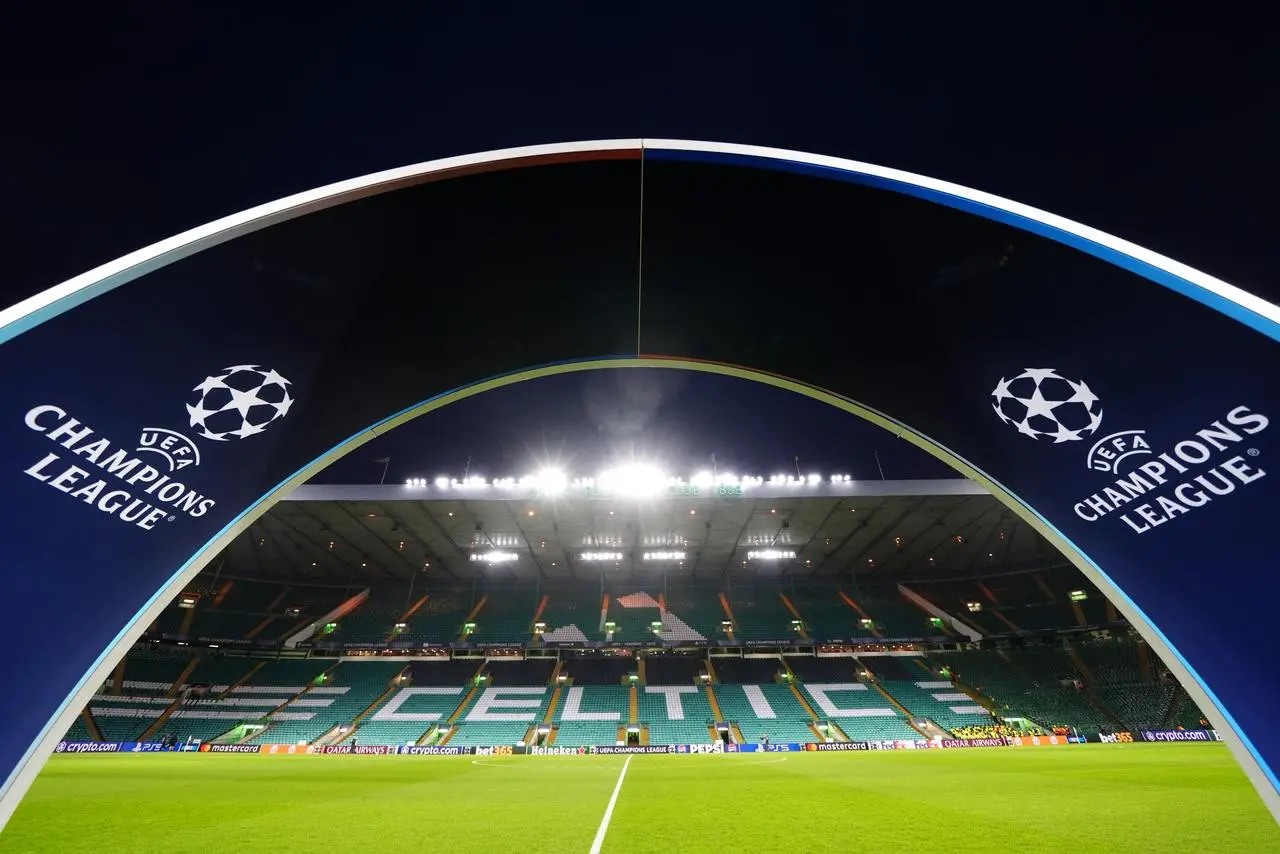 A view of the entrance arch leading to the pitch before a Champions League match at Celtic Park,