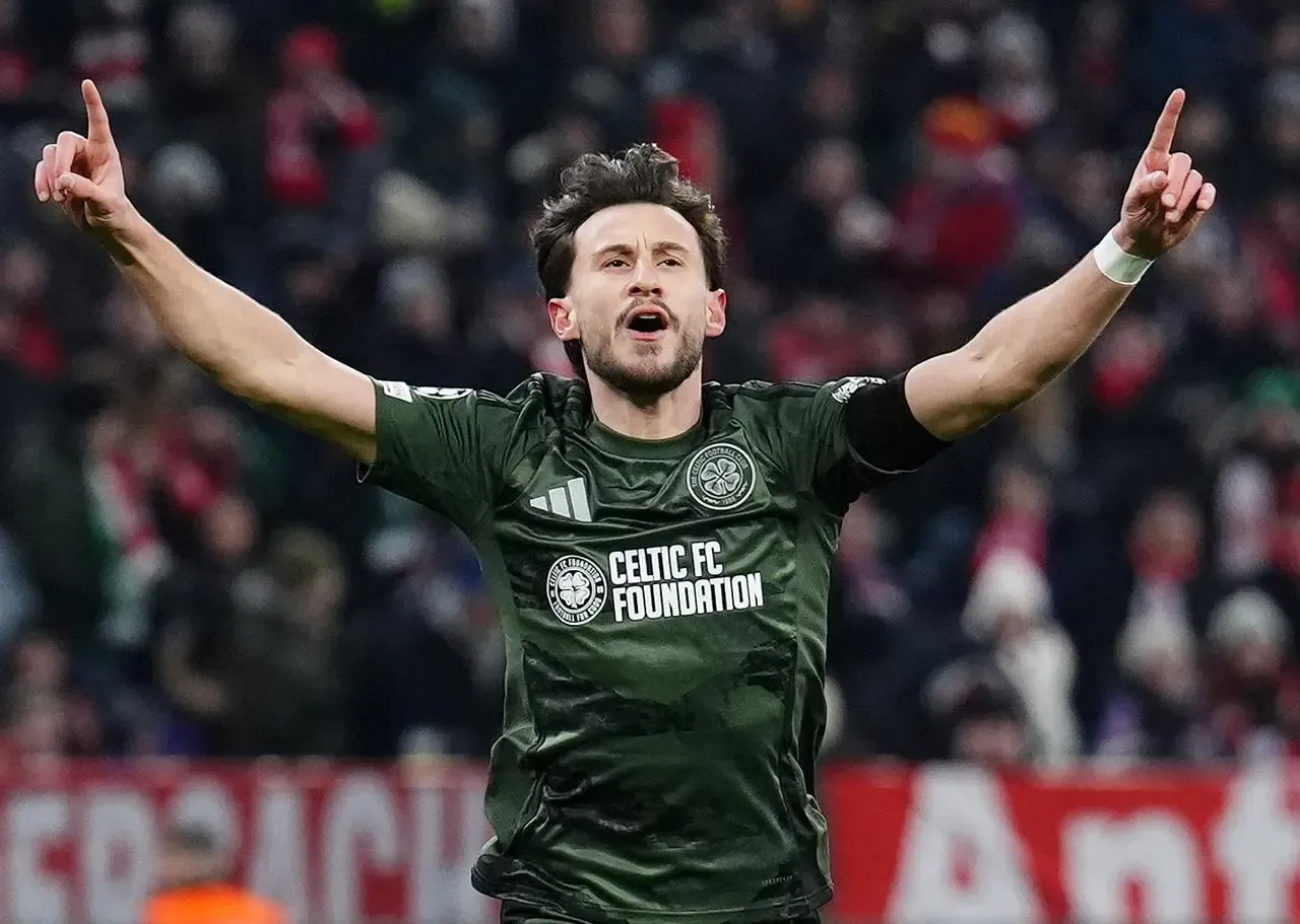 Celtic’s Nicolas Kuhn celebrates scoring against Bayern Munich 