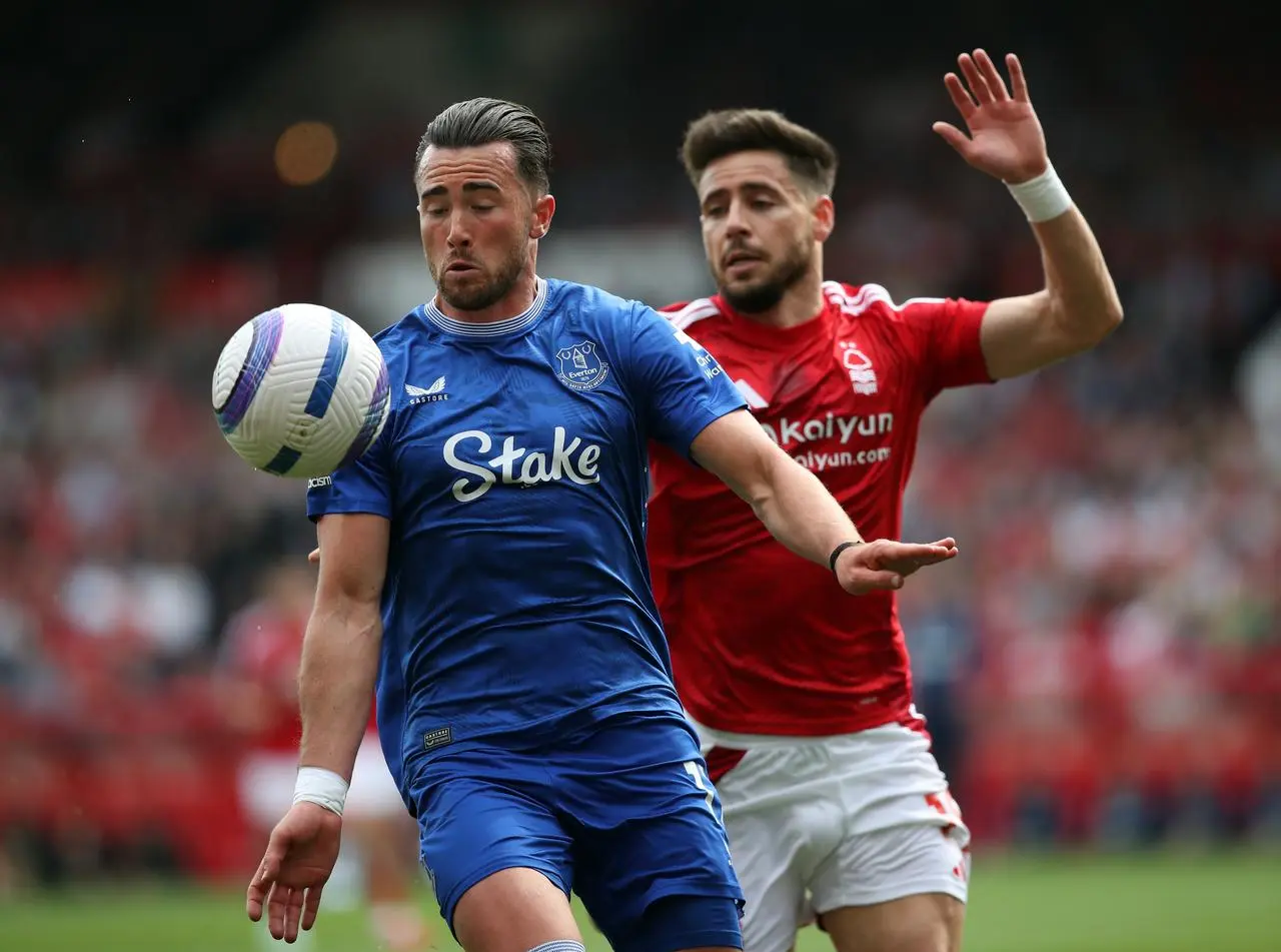 Jack Harrison's eyes on the ball for Everton against Nottingham Forest