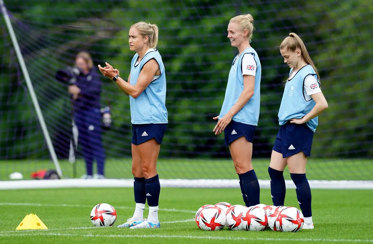 Team GB's Steph Houghton, Sophie Ingle and Keira Walsh, left to right, in training ahead of the Tokyo 2020 Olympics