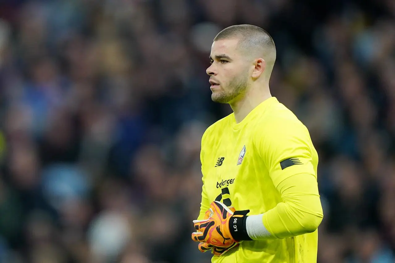 Lucas Chevalier in action for Lille against Aston Villa in the Conference League 