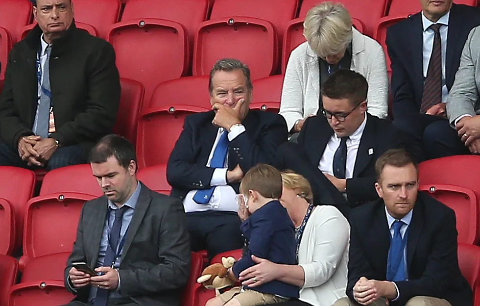 Hartlepool fan Jeff Stelling in the stands during the National League play-off final at Ashton Gate