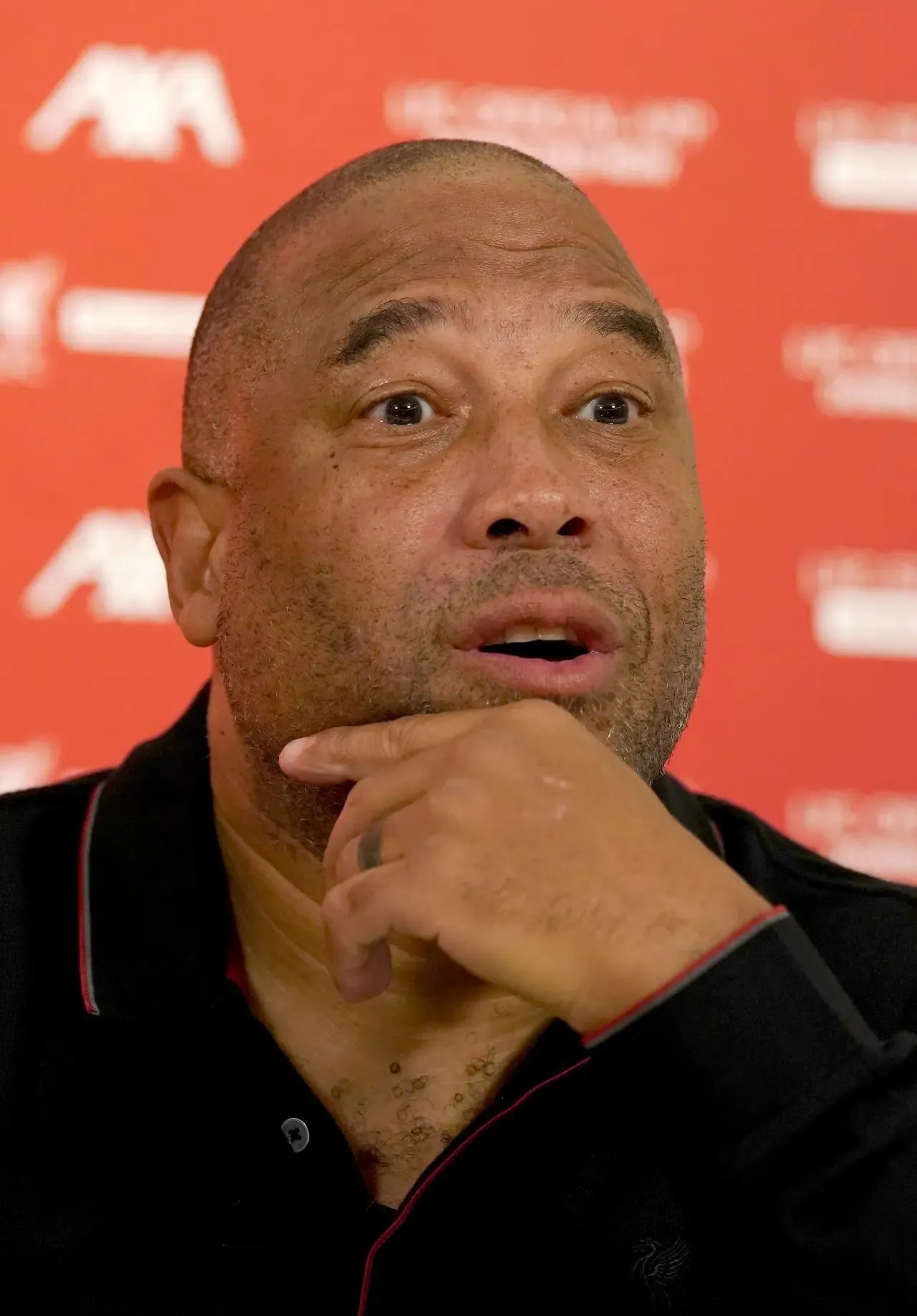 John Barnes pictured during a press conference at Liverpool's training base