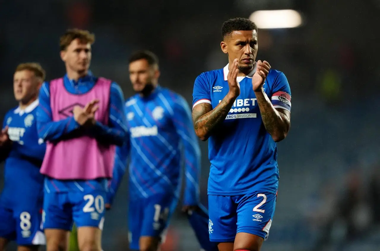 James Tavernier applauds the Rangers fans after the win over Viktoria Plzen