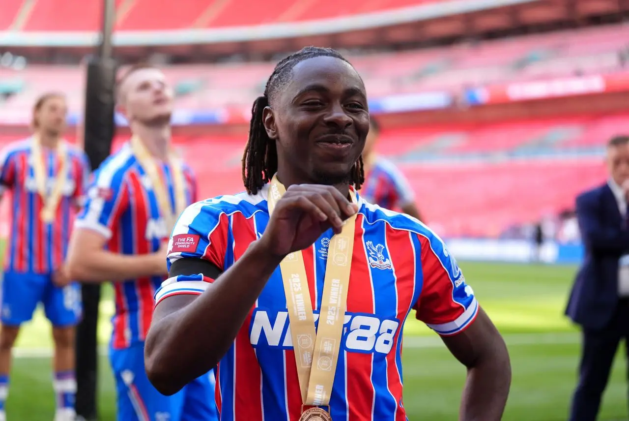 Crystal Palace’s Eberechi Eze celebrates following the FA Community Shield match at Wembley