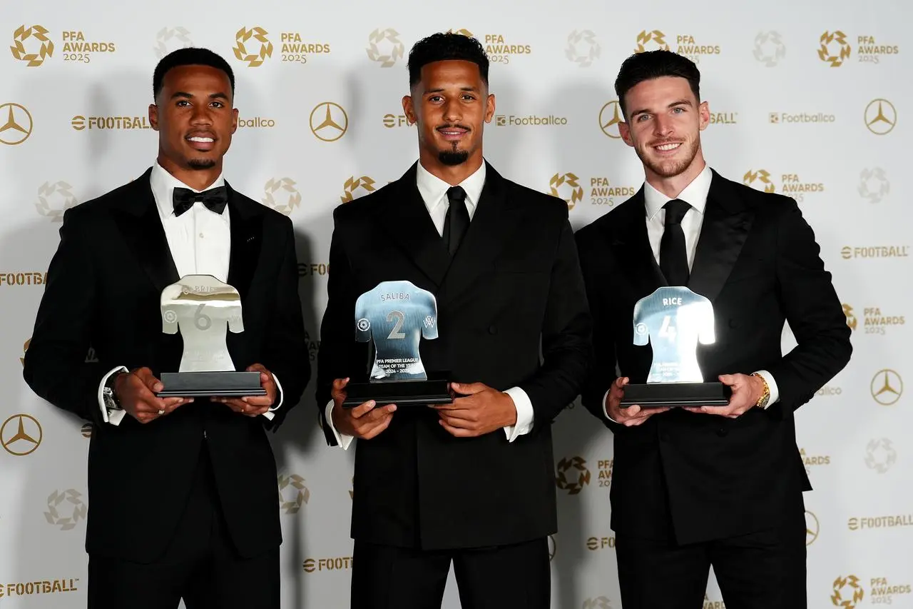 Gabriel Magalhaes, William Saliba and Declan Rice with their PFA Premier League League Team of the Year awards 
