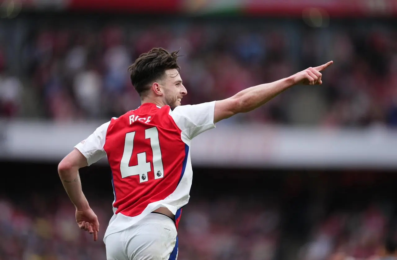 Declan Rice celebrates scoring for Arsenal against Bournemouth