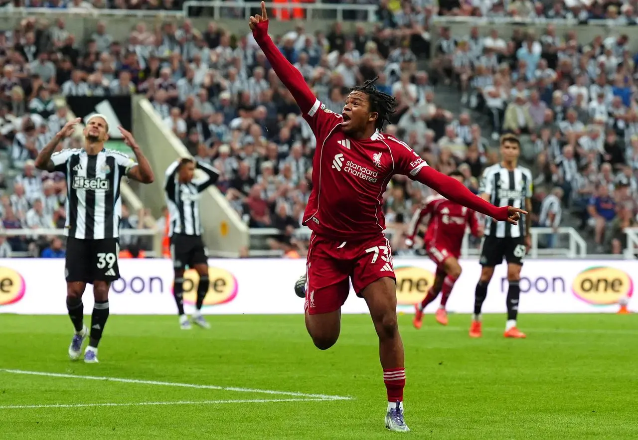 Rio Ngumoha celebrates scoring Liverpool’s winner at Newcastle