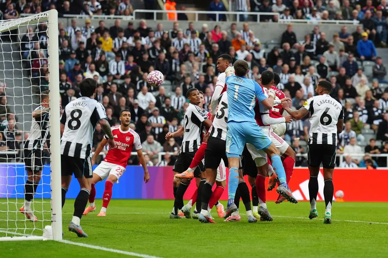 Gabriel heads home the winner in front of Nick Pope
