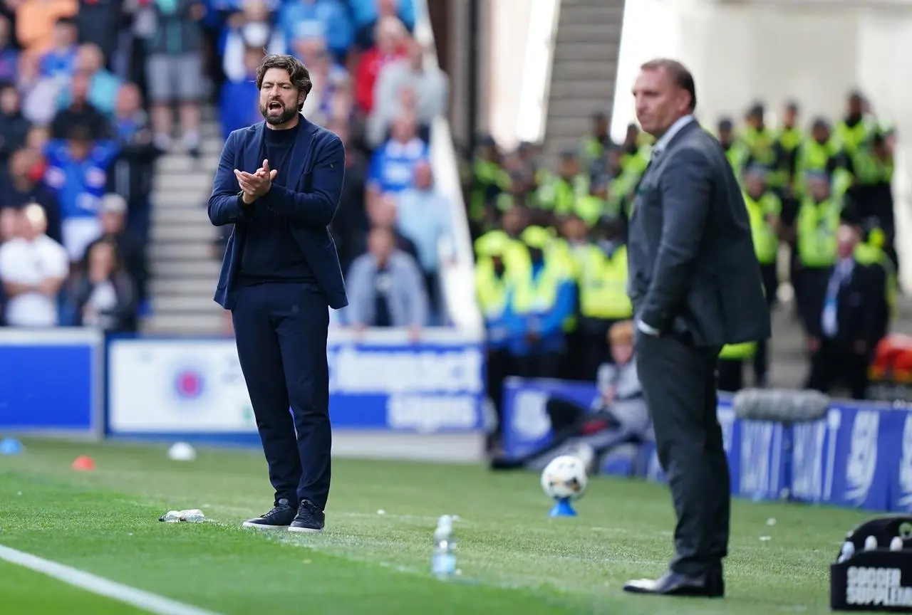 Russell Martin and Brendan Rodgers on the Ibrox touchline